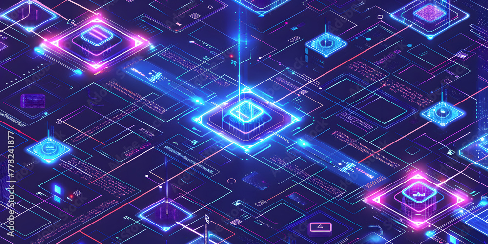 Poster an isometric view of digital connections and icons representing the concept of an ai smart grid