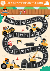 Road works dice board game for children with cute kid drivers, transport, bulldozer, tractor, roller, crawler crane. Construction site boardgame.  Track repair service printable activity for boys.