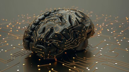 A visually striking image featuring a black brain intertwined with glowing golden circuitry patterns on a dark background