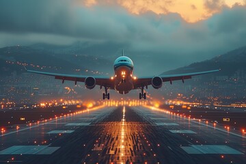 Airplane Takeoff Jet airplane taking off from a busy airport runway - obrazy, fototapety, plakaty