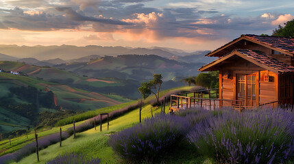 Fototapeta na wymiar Landscape of lavender field with wooden house in the morning.