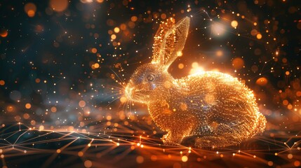 Easter rabbit seed emerging, a hopeful spark in a wireframe geometric light sphere. - obrazy, fototapety, plakaty