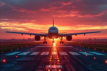 Airport Runway Sunset Silhouette of an airplane on a runway against a vibrant sunset - obrazy, fototapety, plakaty