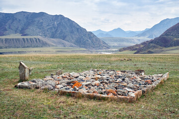 Ancient burials in the Altai mountains. This place is a terrace of the Katun and Bolshoy Yaloman rivers. - 778242260