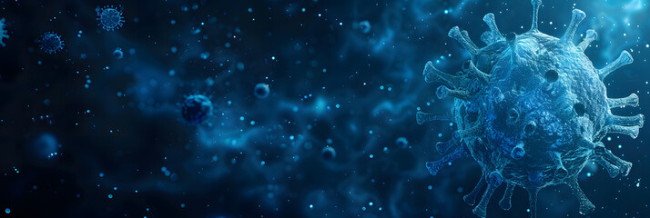 blue stylized SarsCov2 virus floating in space - obrazy, fototapety, plakaty