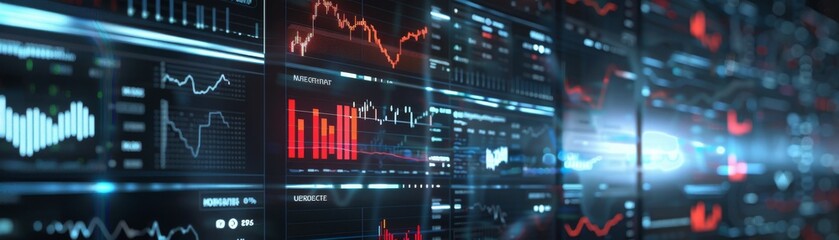 Fototapeta premium Stock market prediction AI, glowing interface, medium shot, scifi ambiance, future tech low texture