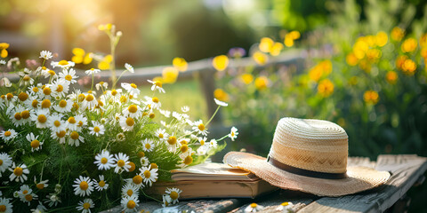 books on an old wooden table next to a straw hat of a canoe and a bouquet of wild flowers - obrazy, fototapety, plakaty