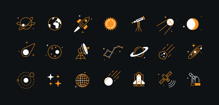 Set of astronomical and space icons, linear style.
