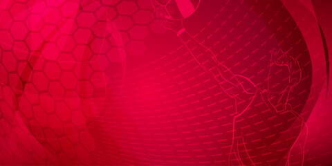 Volleyball themed background in red tones with abstract meshes, curves and dotted lines, with a male volleyball player hitting the ball