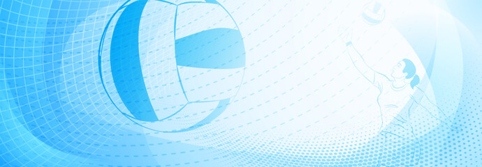 Volleyball themed background in blue tones with abstract meshes, curves and dotted lines, with a female volleyball player hitting the ball