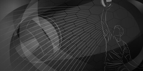Volleyball themed background in black tones with abstract meshes, curves and lines, with a male volleyball player hitting the ball