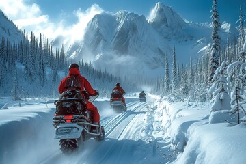 Backcountry Snowmobiling Snowmobilers exploring the remote backcountry in winter