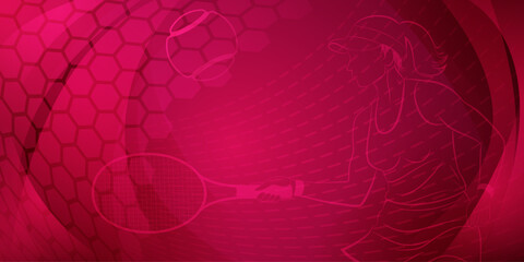 Tennis themed background in crimson tones with abstract meshes, curves and dotted lines, with a female tennis player in action, swinging a racket to hit the ball away