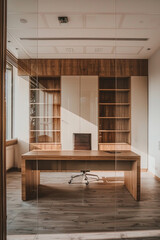 A wooden interior space with an office desk