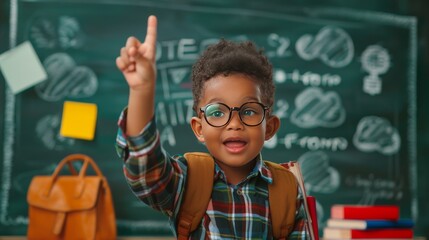Back to school. Funny little boy African in glasses pointing up on blackboard. Child from...