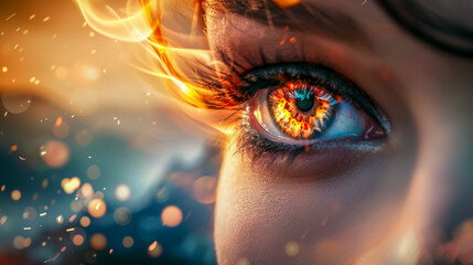 Intense close-up of human eye with fire effect - obrazy, fototapety, plakaty