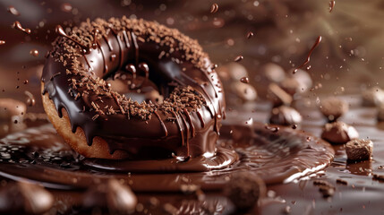 Chocolate donut with sprinkles and drizzle - obrazy, fototapety, plakaty