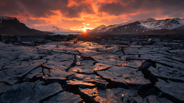 Iceland, sunset, cracked black lava floor with snowcapped mountains in the background