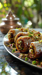 A platter of luxurious kaju anjeer rolls, filled with a mixture of cashews and figs, garnished with silver vark and chopped pistachios, delicious food style, blur background, natural look - obrazy, fototapety, plakaty
