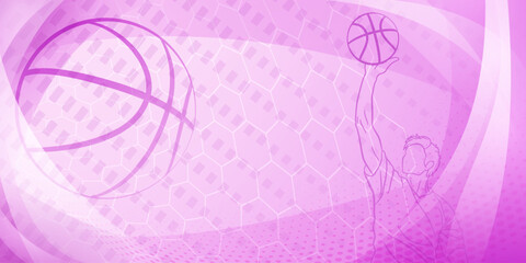 Basketball themed background in purple tones with abstract meshes, curves and dots, with a male basketball player and ball