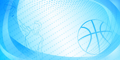 Basketball themed background in blue tones with abstract lines, curves and dots, with a male basketball player and ball