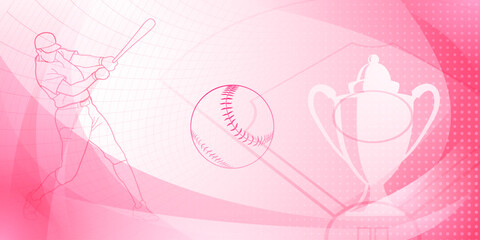 Baseball themed background in pink tones with abstract lines, dots and curves, with silhouettes of a baseball field, cup, ball and batsman