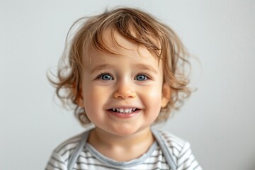 A little boy with curly hair smiling at the camera, isolated on white background.