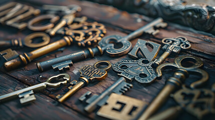 Ornate, antique keys arranged to spell 