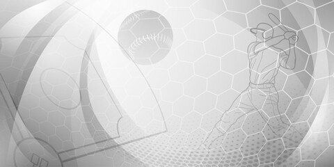 Baseball themed background in gray tones with abstract mesh, dots and curves, with silhouettes of a baseball field, ball and batsman