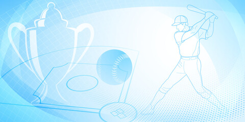 Baseball themed background in blue tones with abstract dots, lines and curves, with silhouettes of a baseball field, cup, ball and batsman