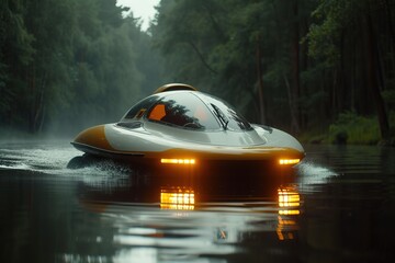 Electric Hovercraft Hovercraft gliding over water's surface propelled by electric power