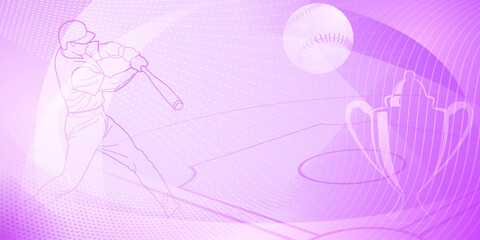 Baseball themed background in purple tones with abstract dotted lines, dots and curves, with silhouettes of a baseball field, cup, ball and batsman