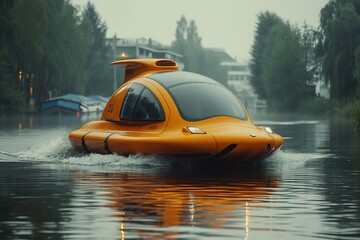 Electric Hovercraft Hovercraft gliding over water's surface propelled by electric power