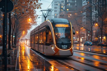 Electric Tram Modern electric tram moving through an urban landscape