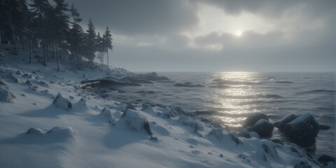 Fototapeta premium Winterlandschaft am Meer, steinge schneebedeckte Küste