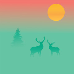 Vector art featuring two deer standing in a misty forest at sunrise, surrounded by soft gradients and a lone tree. Ideal for serene nature designs, wildlife projects, or outdoor themes
