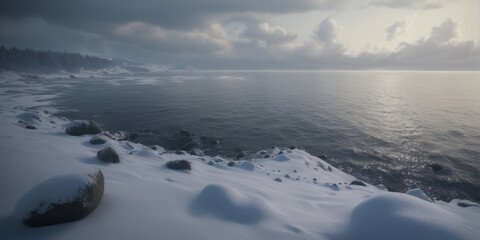 Obraz premium Winterlandschaft am Meer, steinge schneebedeckte Küste