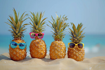 Pineapples standing on sandy beach wearing sunglasses. The sea is in the background. The concept of summer holiday at sea in exotic places