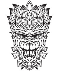 Hawaiian Tiki Mask Line Art Illustration in Black and White

