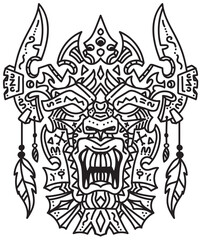 Detailed Polynesian Tiki Mask with Knives and Feathers Illustration
