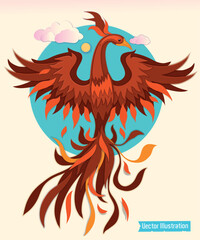 Vibrant vector illustration of a majestic phoenix rising with fiery wings, symbolizing rebirth, transformation, and strength. A glowing mythical firebird in a colorful abstract sky