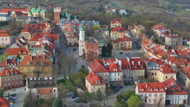 Aerial drone view to the Sandomierz a medieval small town in Poland, located on the Vistula River on seven hills, hence sometimes called Little Rome.