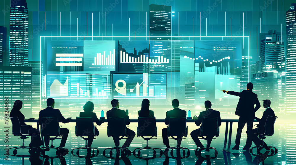 Poster a business presentation with the background showing a cityscape and digital graphs