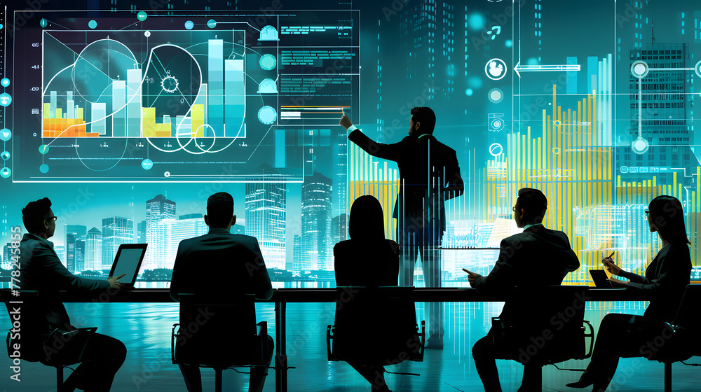 Poster a business presentation with the background showing a cityscape and digital graphs