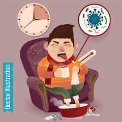 Sick Person Feeling Ill with Fever and Cold Symptoms Vector Illustration
