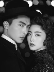 A black and white image of a man and a woman, young chinese couple, retro look.