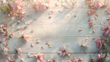 Flowers with petals scattered on a white scratched countertop.