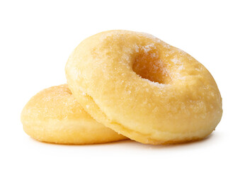 Side view of two sugar glazed cinnamon donuts in stack isolated with clipping path and shadow in...