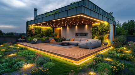Obraz premium Green rooftop garden lounge with sustainable wood decking, solar-powered lighting, and drought-resistant plants. This outdoor space offers a peaceful retreat