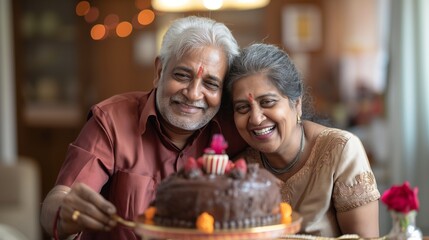 Smiling Senior Couple with Birthday Cake